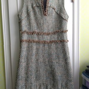 Tory Burch Tweed Fringed Dress Blue, Beige Brown